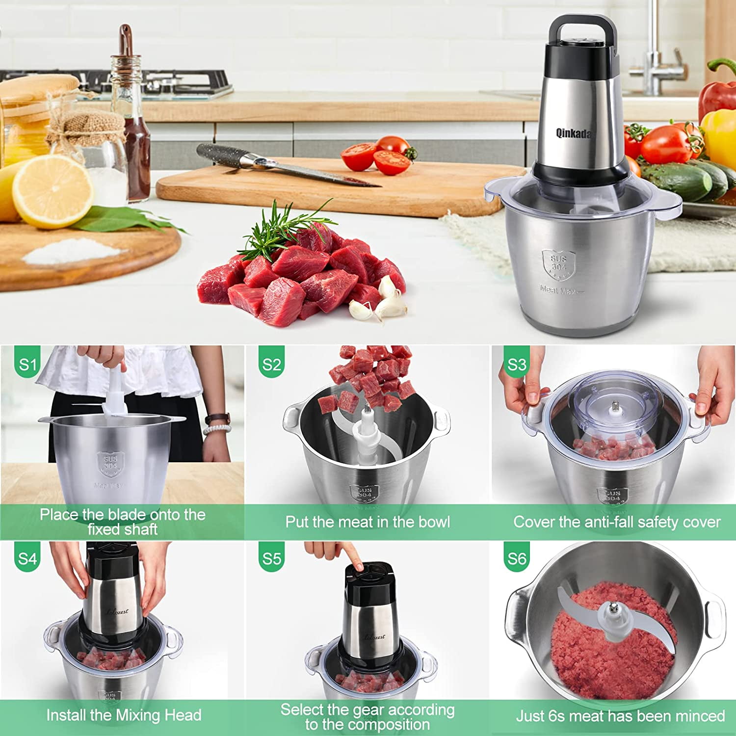 Food Processor 500W Meat Grinder with 14 Cup Stainless Steel Bowl, 3 Speed Modes for Vegetables, Nuts, Garlic