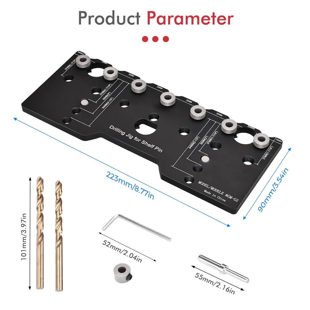 Adjustable Aluminum Alloy Cabinet Hardware Jig Shelf Pin Jig with 2 PCS 5mm Drill Bits Woodworking Pocket Hole Punch Locator Drill Guide