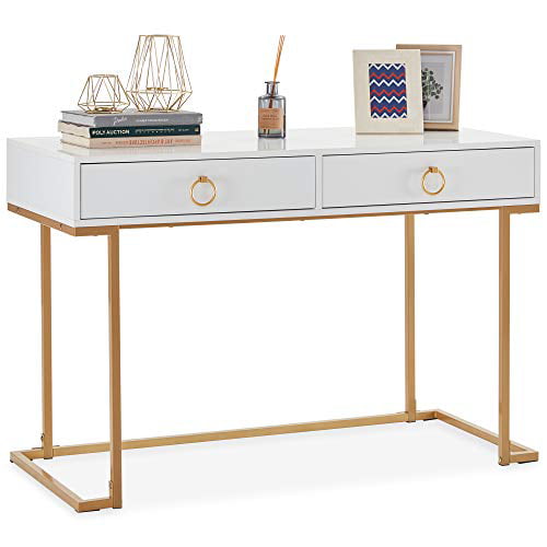 Matt Black and Gold Metal Frame BELLEZE Modern Makeup Vanity Dressing Table or Home Office Computer Laptop Writing Desk with Two Storage Drawers Chelsea Wood Top