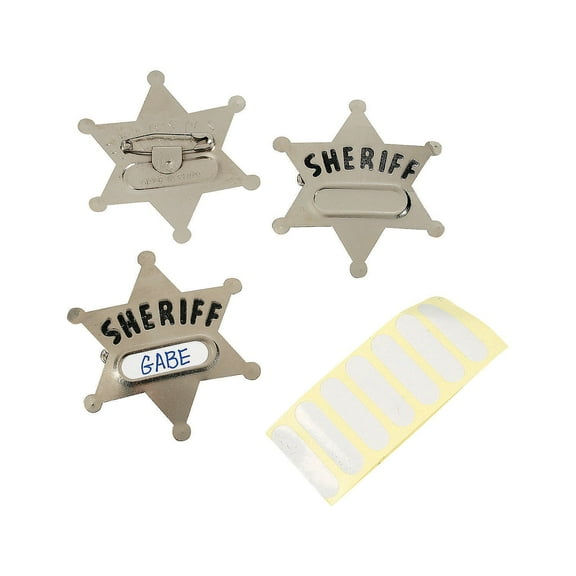 Fun Express Sheriff Badges - Perfect for Vacation Bible School Western-Themed Parties and Party Favors - Fun Creative Metal Design for Kids Celebrations Costume Play and Event Activities - 12 Pieces