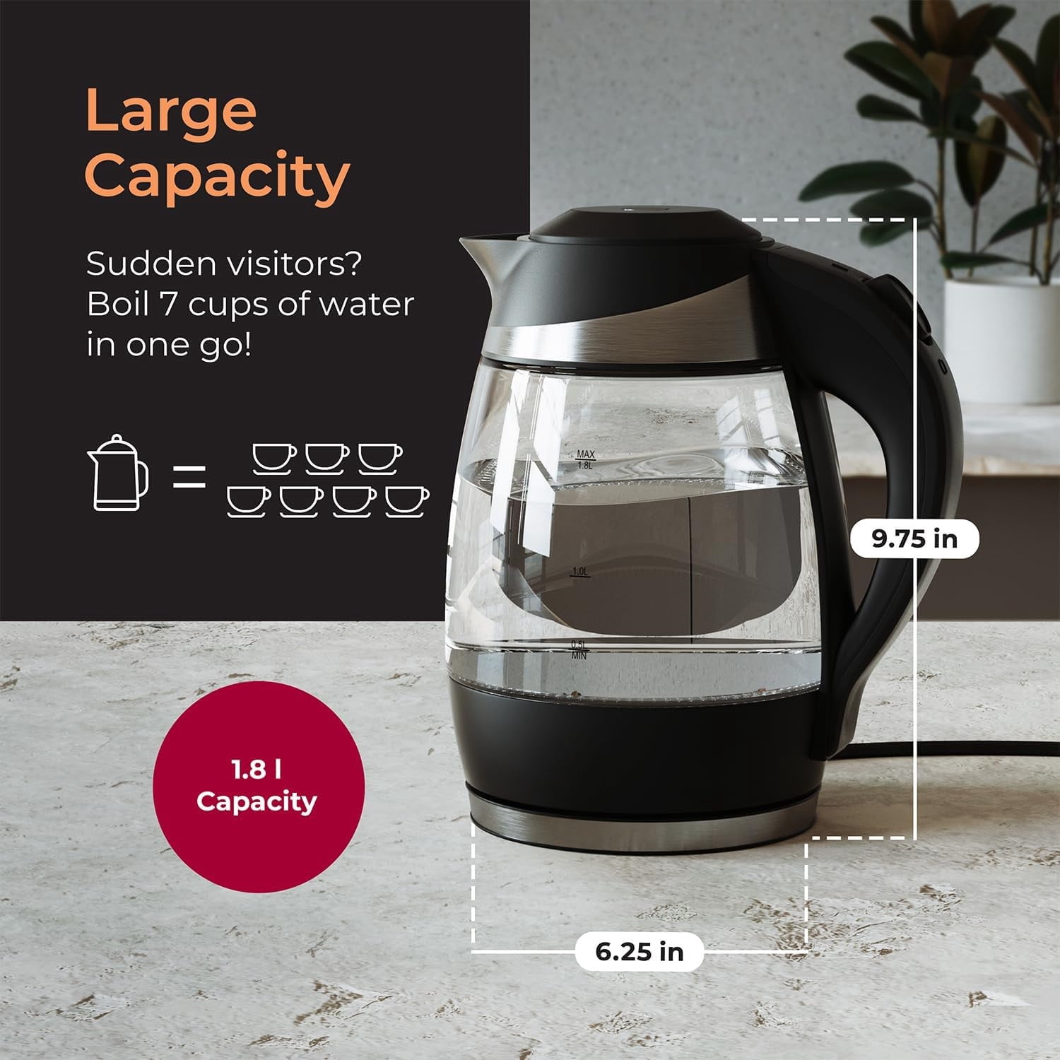 Electric Tea Kettle for Boiling Water, 1500W SpeedBoil with Automatic Shutoff, 1.8L Cordless with LED Light, Borosilicate Glass Tea Kettle Pot Water Heater