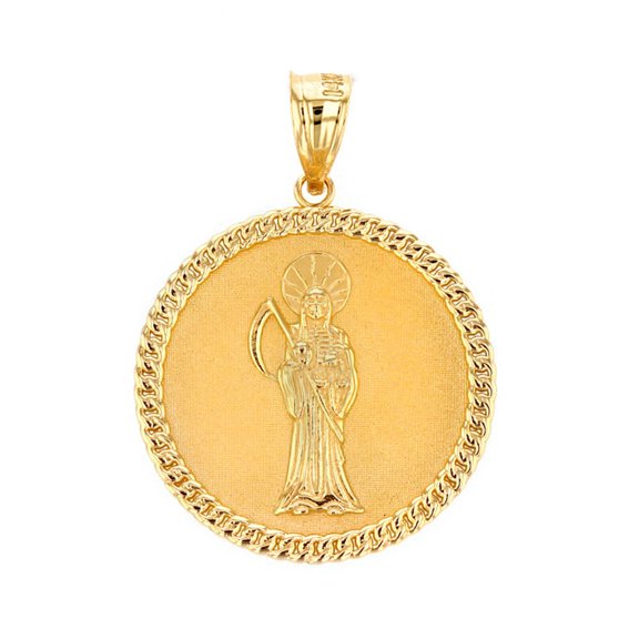 Solid Gold Santa Muerte Cuban Link Frame Medallion (1.34 inches) (10K Yellow Gold, Pendant)