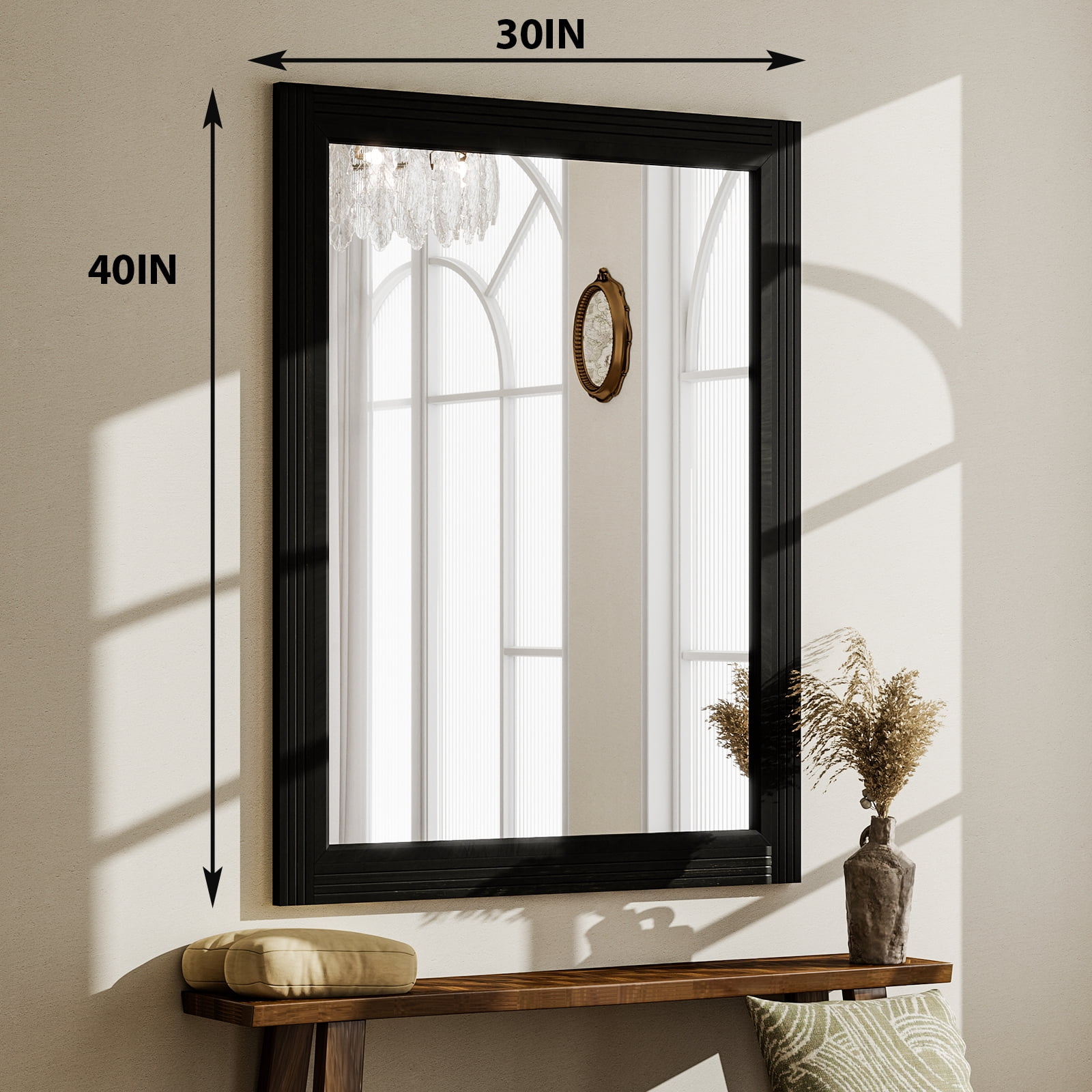 Easy4Home 40"x30" Rectangular Bathroom Mirror with Wooden Frame Decorative Wall Mounted Mirror, Black