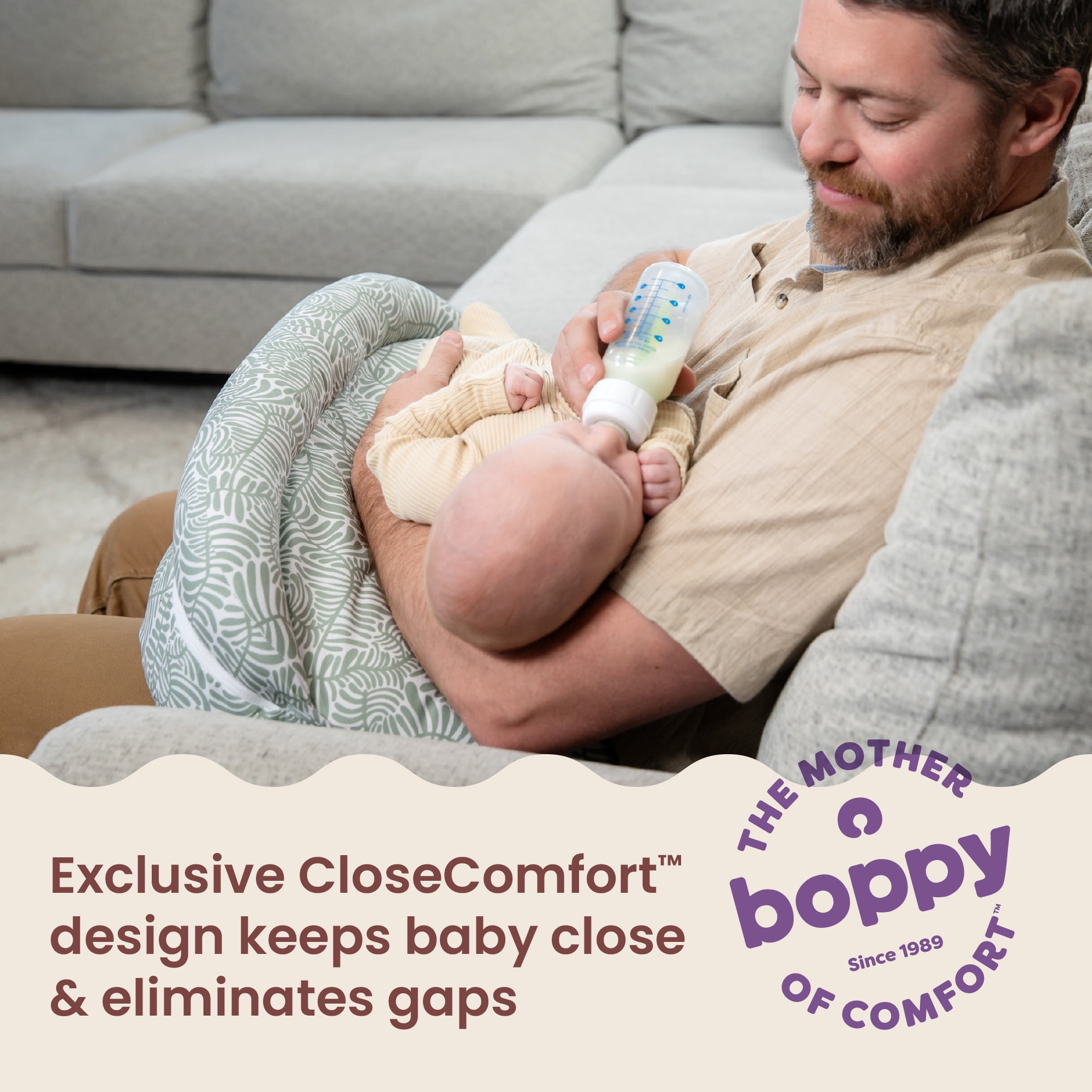 Boppy Complete Nursing Pillow – Ergonomic Bottle and Breastfeeding Pillow – 2-in-1 CloseComfort Design With Belt and Full-Length Positioning Bolster-Sage Green Vines