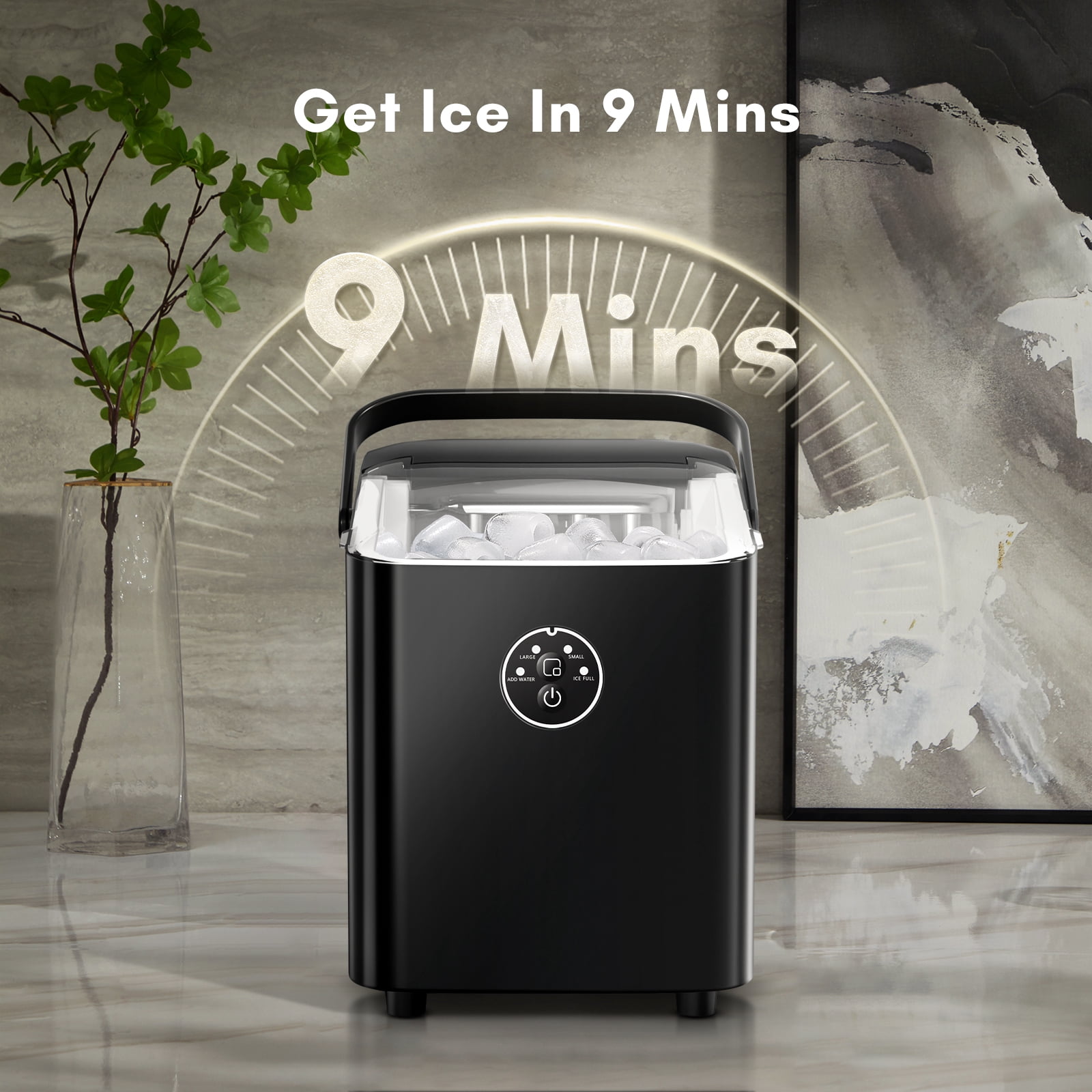 LHRIVER Countertop Ice Maker, Portable Ice Maker Machine with Handle, 26lbs/24H, 8 Bullet Ice Cubes/9 Mins, S/L 2 Size Ice Cube, Self-Cleaning for Home/Kitchen/Office/Party, Black