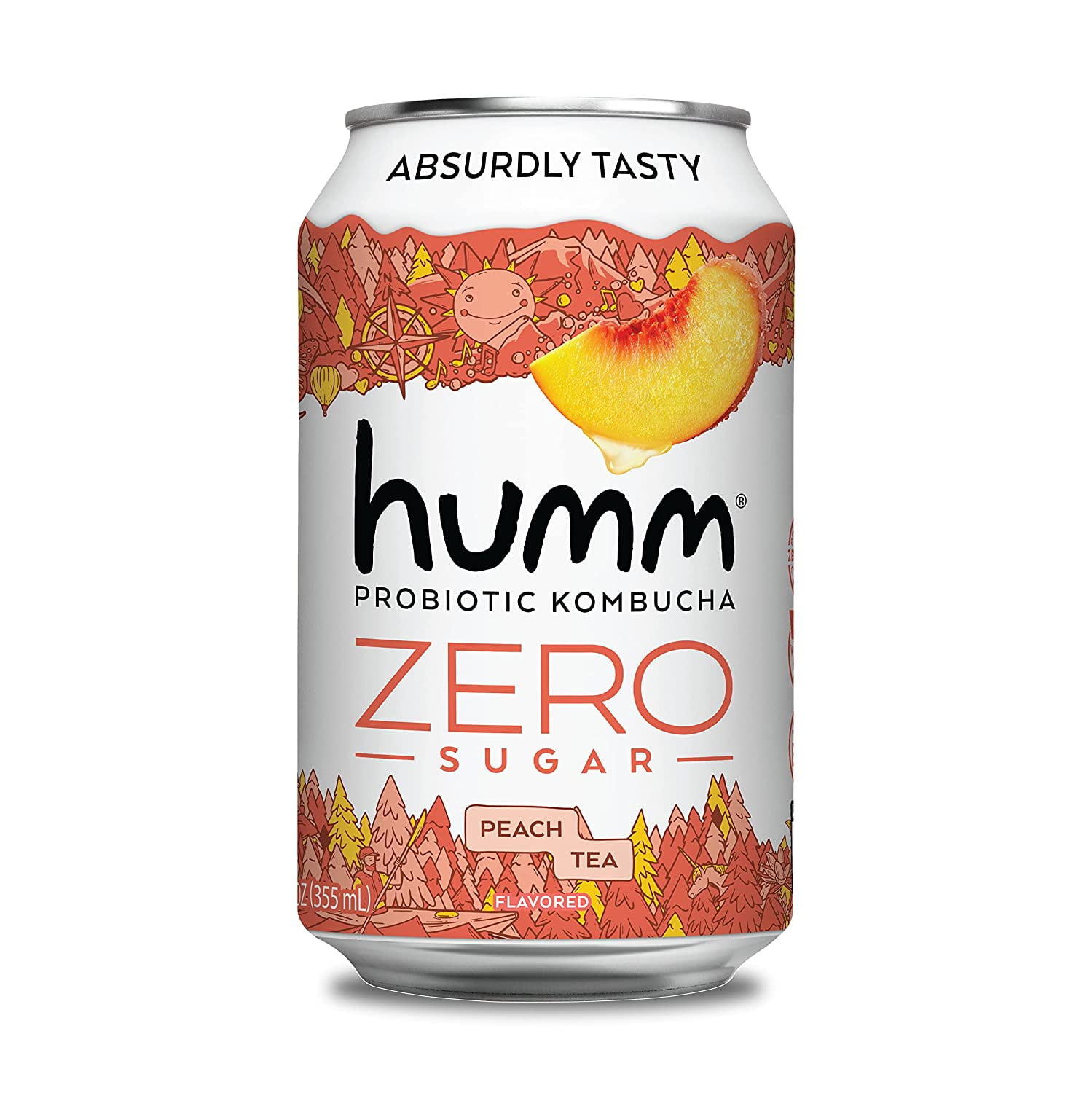 Humm Kombucha Zero Sugar Drink, Peach Tea, 16 Pack, 12 oz Cans