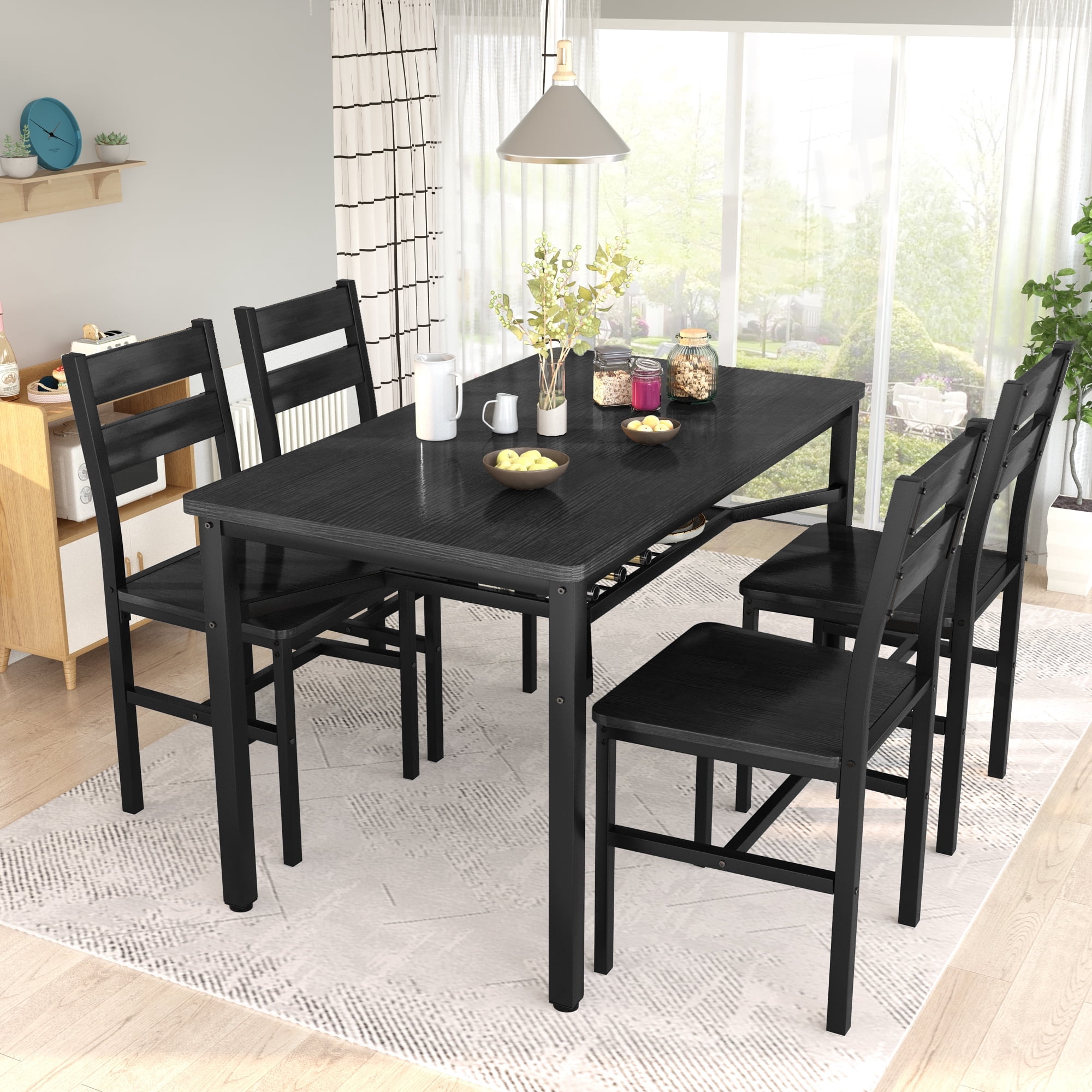 Baxluxe 4-person dining table set, farmhouse-style wooden kitchen dining table and chair set, farmhouse 5-piece dining table set with storage rack, small kitchen dining table set,Black