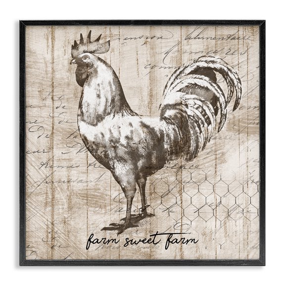 Stupell Industries Shabby Chic Farm Sweet Farm Phrase Vintage Rooster and Text Black Framed Giclee Art, 12 x 12, by Conrad Knutsen