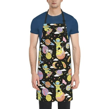 Tebeau Cartoon Astronaut In Spacesuit Print Waterproof Cooking Aprons, Adjustable Bib Soft Chef Apron with 2 Pockets for Men Women
