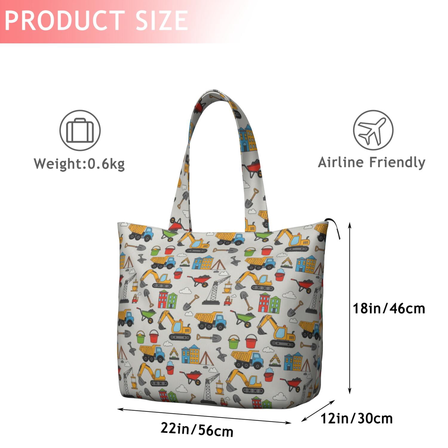 Cartoon Construction Vehicles Shovels Light Gray Pattern Travel Tote Bags for Women Carry On,Large Weekender Bags for Women Travel,Multi Functional Duffle Bag for Work,Shopping,Sports