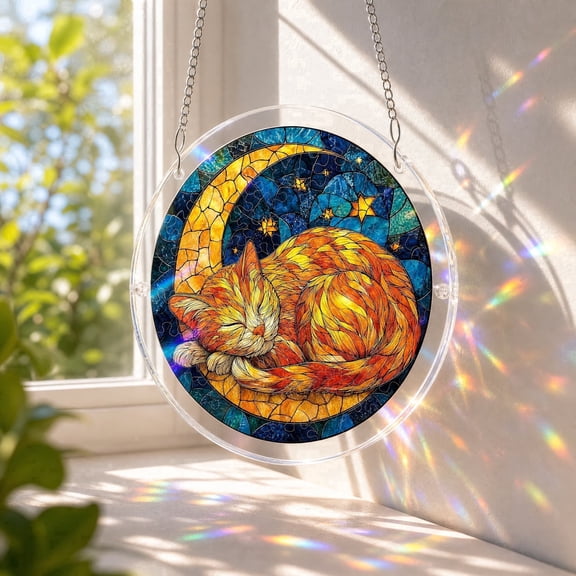 1 Pc Acrylic Puzzle Suncatcher, 7.1 inch Starry Moon Cat Acrylic Puzzles, Suncatchers for Windows Hanging, Home Garden Hanging Decorations