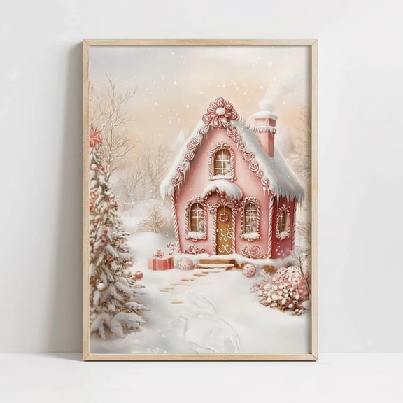 Cozy Pink Gingerbread House, Print Kitchen Art, Peppermint Candy, Winter Home Decor, Vintage Festive Nursery Print UNFRAMED