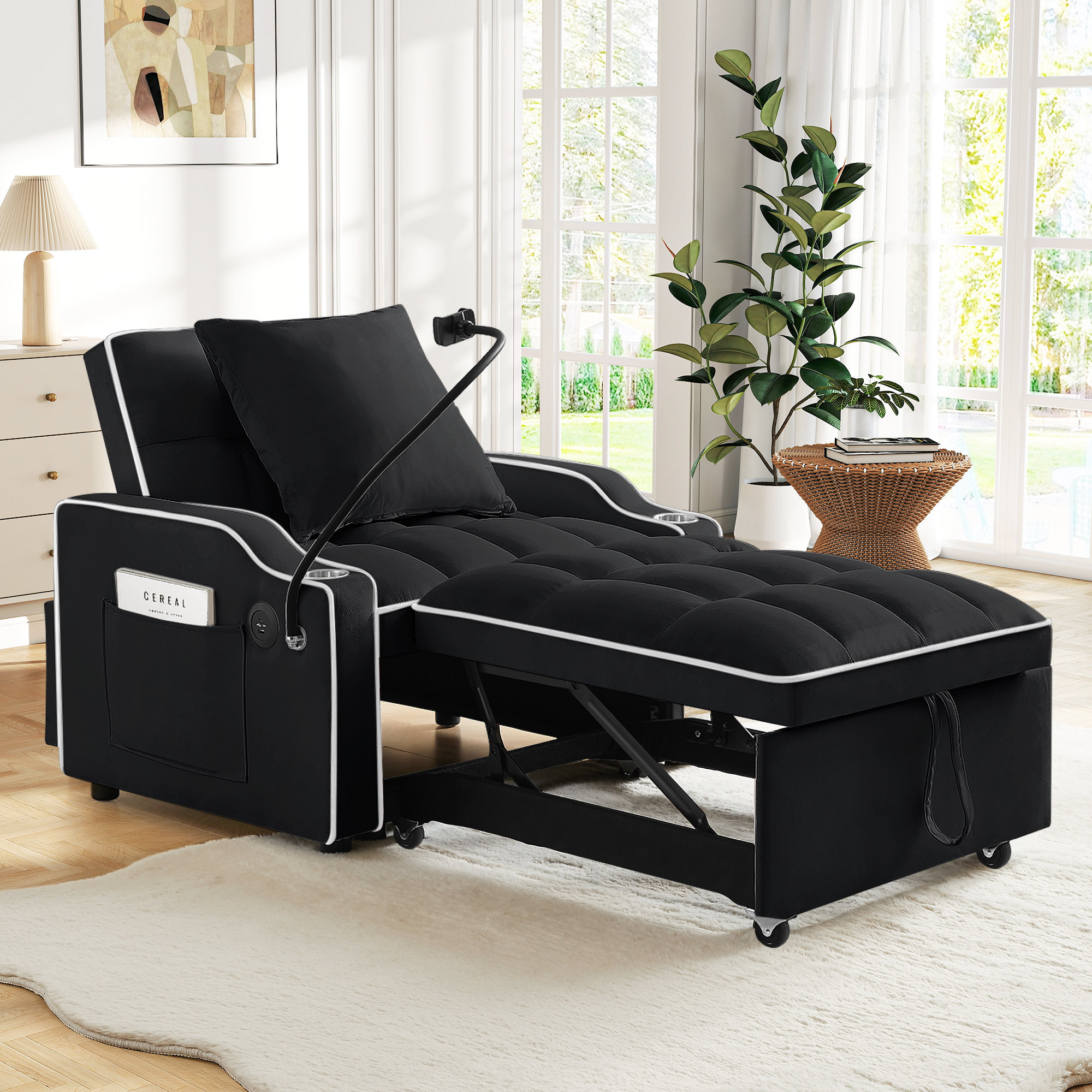 Lunale 4-in-1 Convertible Sleeper Chair, Black Velvet