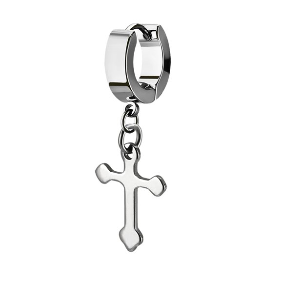 iJewelry2 Dangle Cross Motif Silver Tone Stainless Steel Unisex Huggie Hoop Tragus Helix Earring