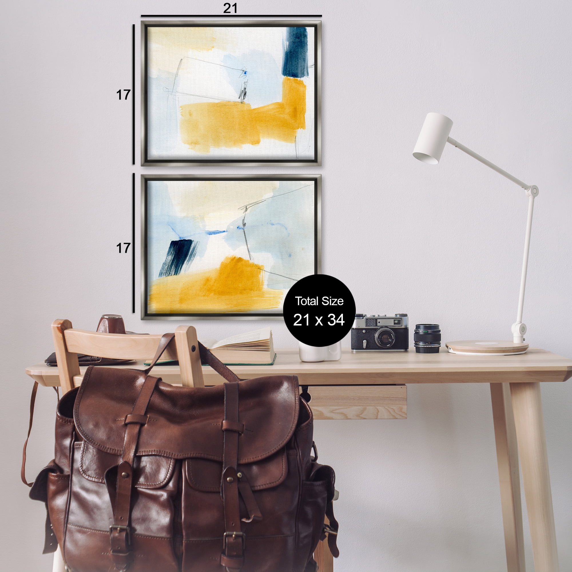 Stupell Industries Yellow Patchy Abstract Abstract Painting Gray Floater Framed Canvas Art Print Wall Art, 21 x 17, Set of 2