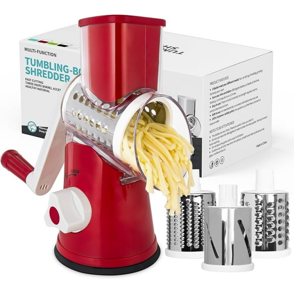 Rotary Cheese Grater for Kitchen, Shredder with 3 Interchangeable , Rotary Grater with Handle and  Suction Base, for Vegetables, Fruit, Nuts, Easy to Use and Clean, Red
