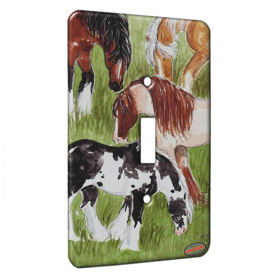 KuzmarK™ Single Gang Toggle Switch Wall Plate - Four Colorful Gypsy Cobs Horse Art by Denise Every