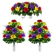Sympathy Silks Artificial Cemetery Flowers Red Purple and Yellow Orchid Mix 2 Bouquets & Saddle