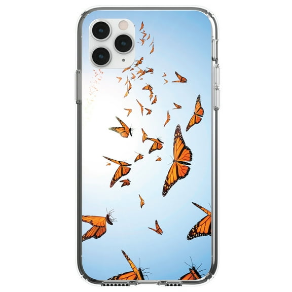 DistinctInk Clear Shockproof Hybrid Case for iPhone 13 PRO (6.1" Screen) - TPU Bumper, Acrylic Back, Tempered Glass Screen Protector - Flying Monarch Butterflies