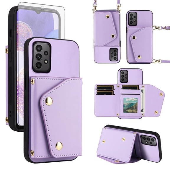 Furiet Luxury Wallet Case for Samsung Galaxy A13 4G with Tempered Glass Card Slots Slim Flip Purse & Shoulder Strap, PU Leather Card Holder Stand Phone Cover for A 13 LTE 2022 13A SM-A135U Purple