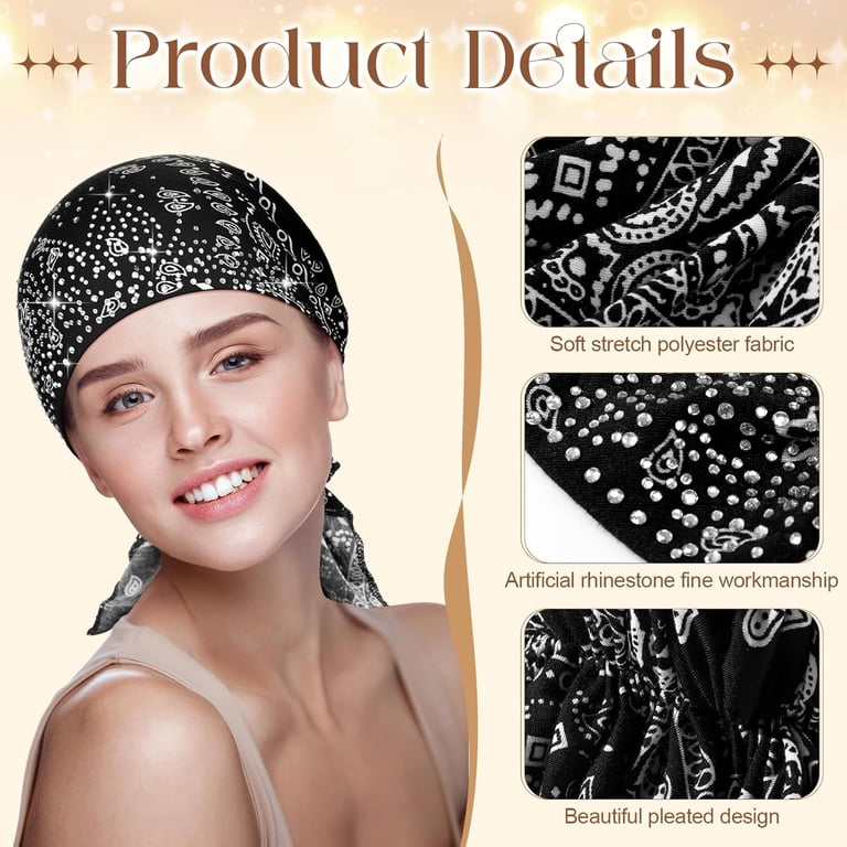 Polyester Rhinestone Head Scarf Pre Tied Turban Skull Cap Headbands Amazon.com : Jiuguva 12 Packs Rhinestone Head Scarf Women  main image 2