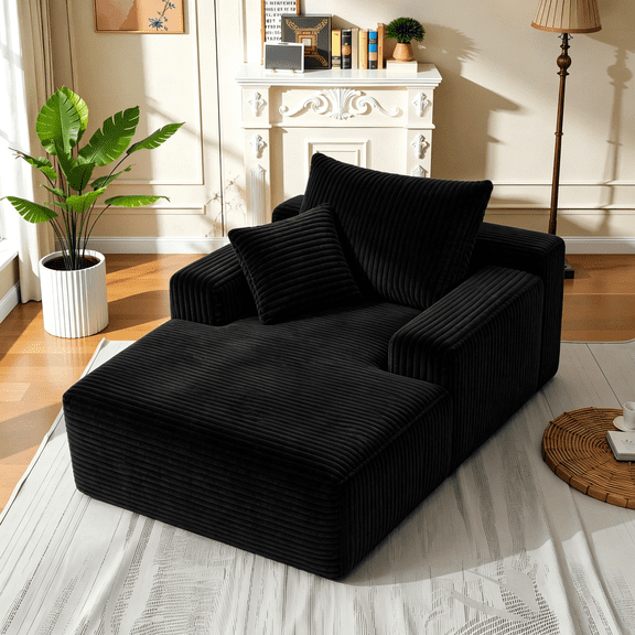 Oversized Chaise Lounge Chair Indoor Furniture, No Assembly Required, Plush Corduroy Upholstered Sofa Bed Cozy Sleeper Couch for Living Room, Bedroom,Black