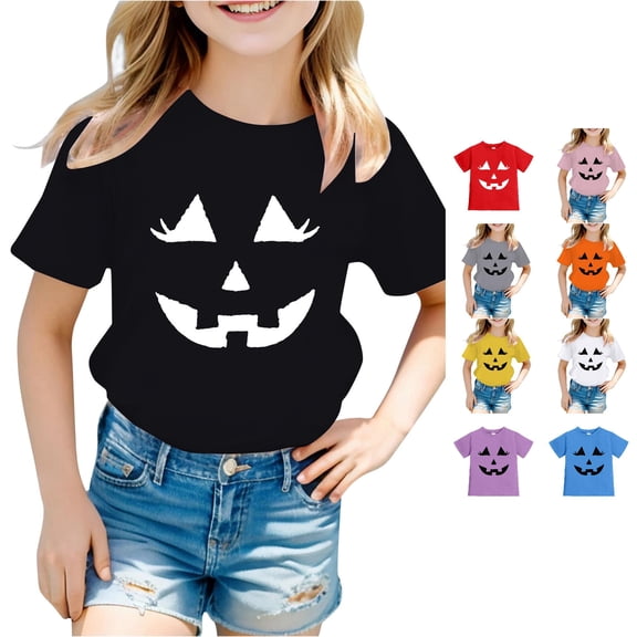XAOFW Halloween Shirts For Girls Short Sleeve Crewneck Pumpkin Graphic Tees Toddler Kids Fall Loose Fit T-Shirts 2-3 Years