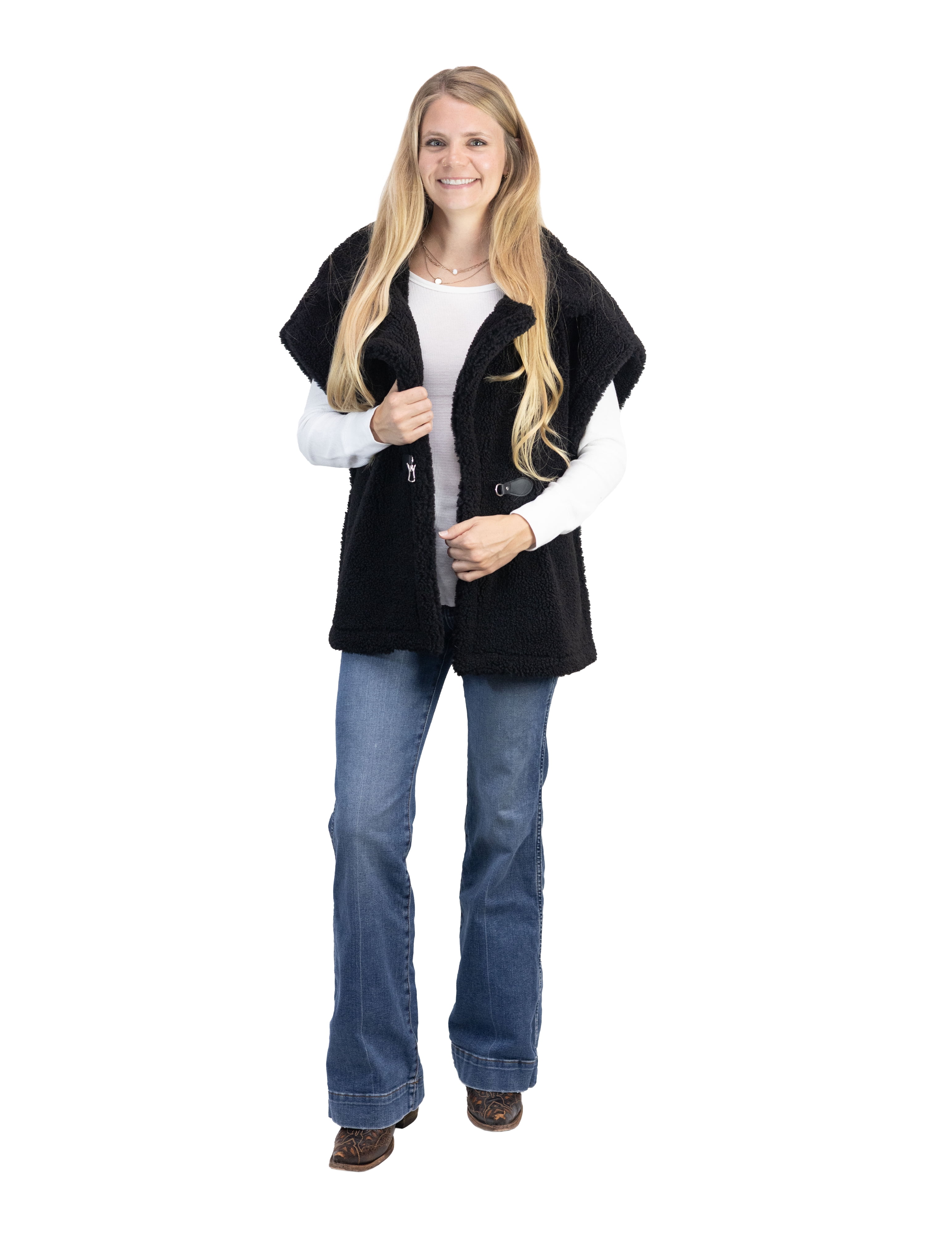 Time and Tru Womens Faux Shearling Vest, Black
