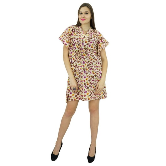 Bimba Women Bohemian Printed Cotton Kaftan Dress Short Tunic Beach Caftan