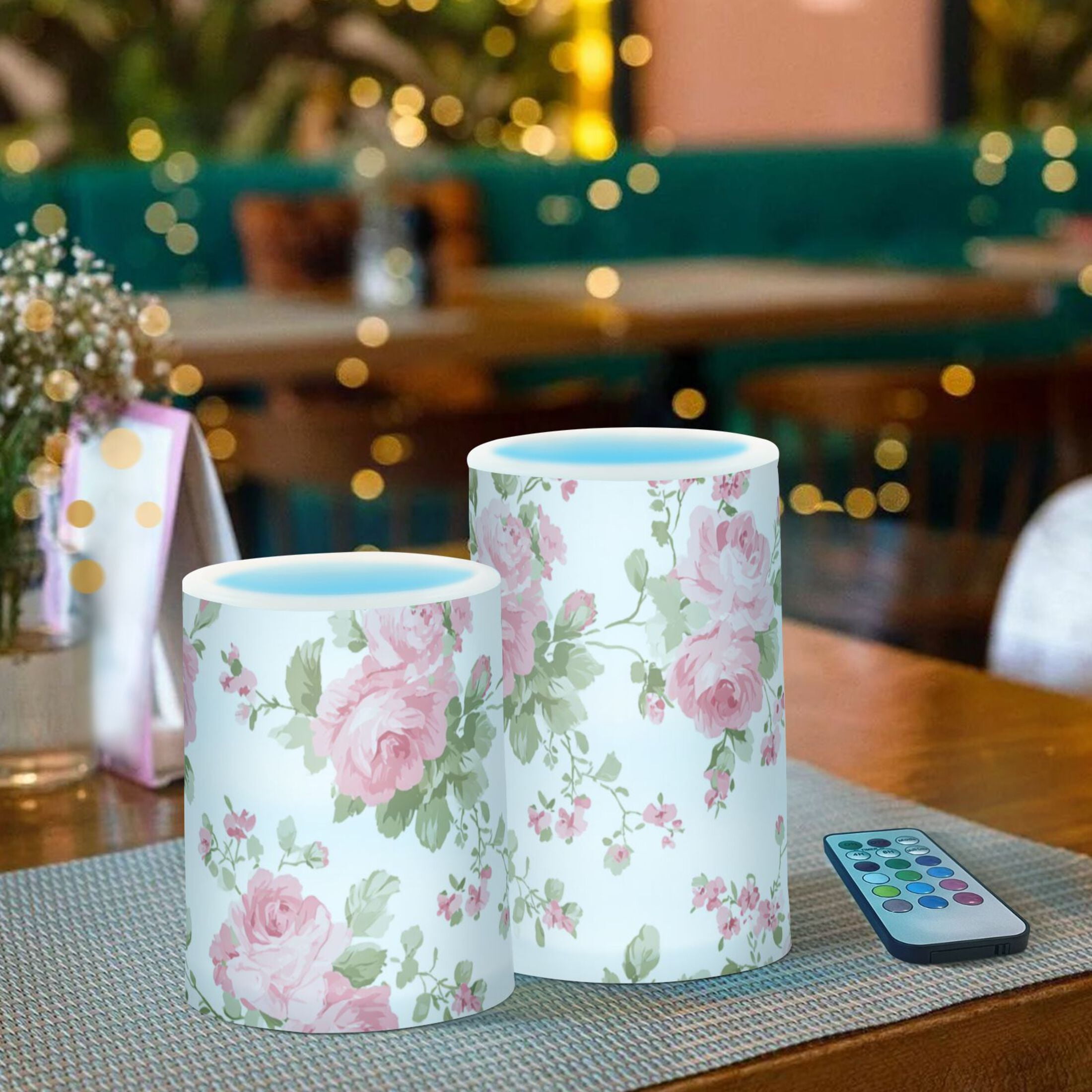 Chic Pink Roses Flickering Flameless Candles LED Tealight Battery Operated with Remote Set of 2 Holiday Decor Ornaments