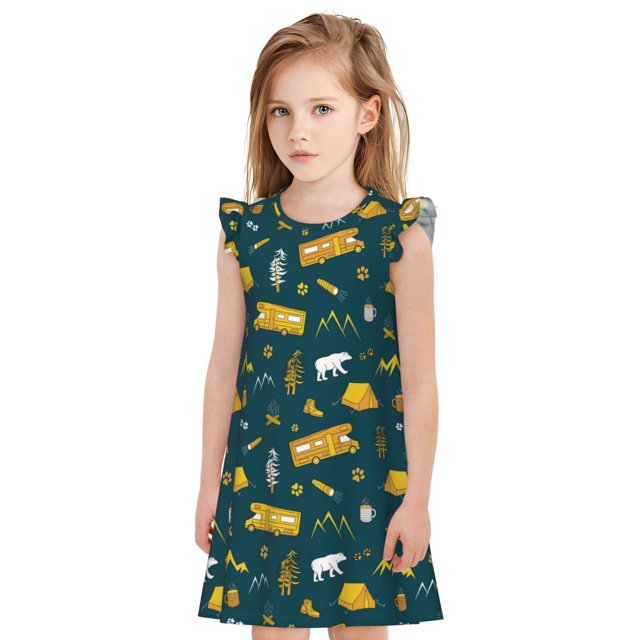 Fotbe Camping Vestido de Dormir para Niñas de 3 a 10 Años, Mangas Cortas, Estilo Princesa, Pijama Camisón con Mangas Voladas-Large