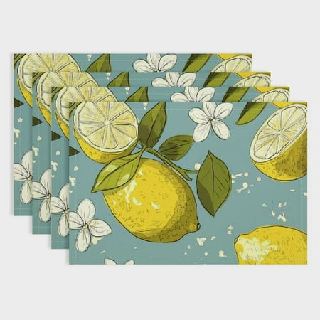 

Pratyus Lemons and Flowers Linen Cloth Placemat Set Pack of 4 for Birthday Parties Christmas Restaurants Buffets Home Decoration 18x12in