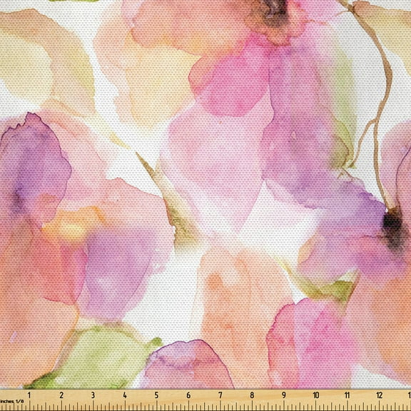 Ambesonne Nature Fabric by the Yard Upholstery, Garden Print Flower Pattern, 1 Yard, Pink Peach and Pastel Green