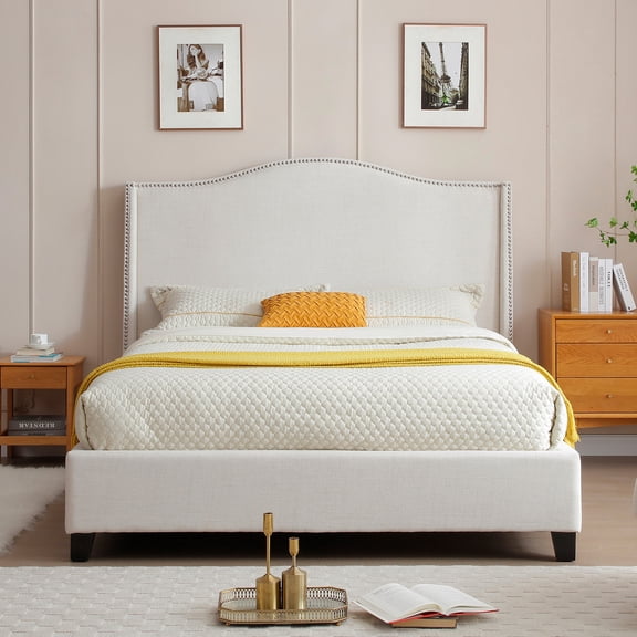 Hampton Linen Fabric Upholstered Full Platform Bed in Cream