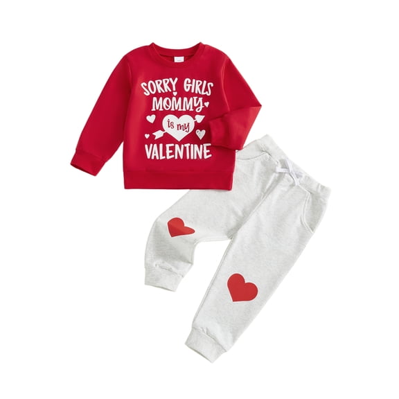 BemeyourBBs Toddler Baby Boys Girls Valentines Day Outfit Spring Fall Winter Clothes Mommy is My Valentine Letters Printed Long Sleeve Pullover Sweatshirt Jogger Pants Set Sweatsuit