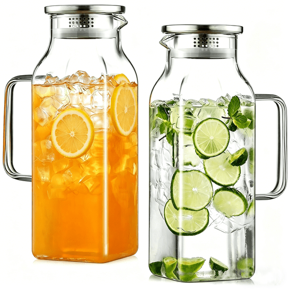 2pcs 68oz Glass Pitcher,Square Water Pitcher with Lid and Handle,Coffee Beverage Serveware Iced Tea Pitcher,Glass Jug Carafe Infuser for Fridge Hot/Cold Drinks
