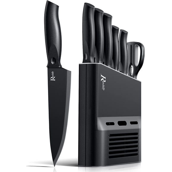 Randalfy Ensemble de Couteaux de Cuisine avec Bloc, Ensemble de 7 Pcs de Couteaux de Chef avec Couteaux, Ciseaux, Bloc pour Hacher, Trancher, Couper en dés et Couper, Noir