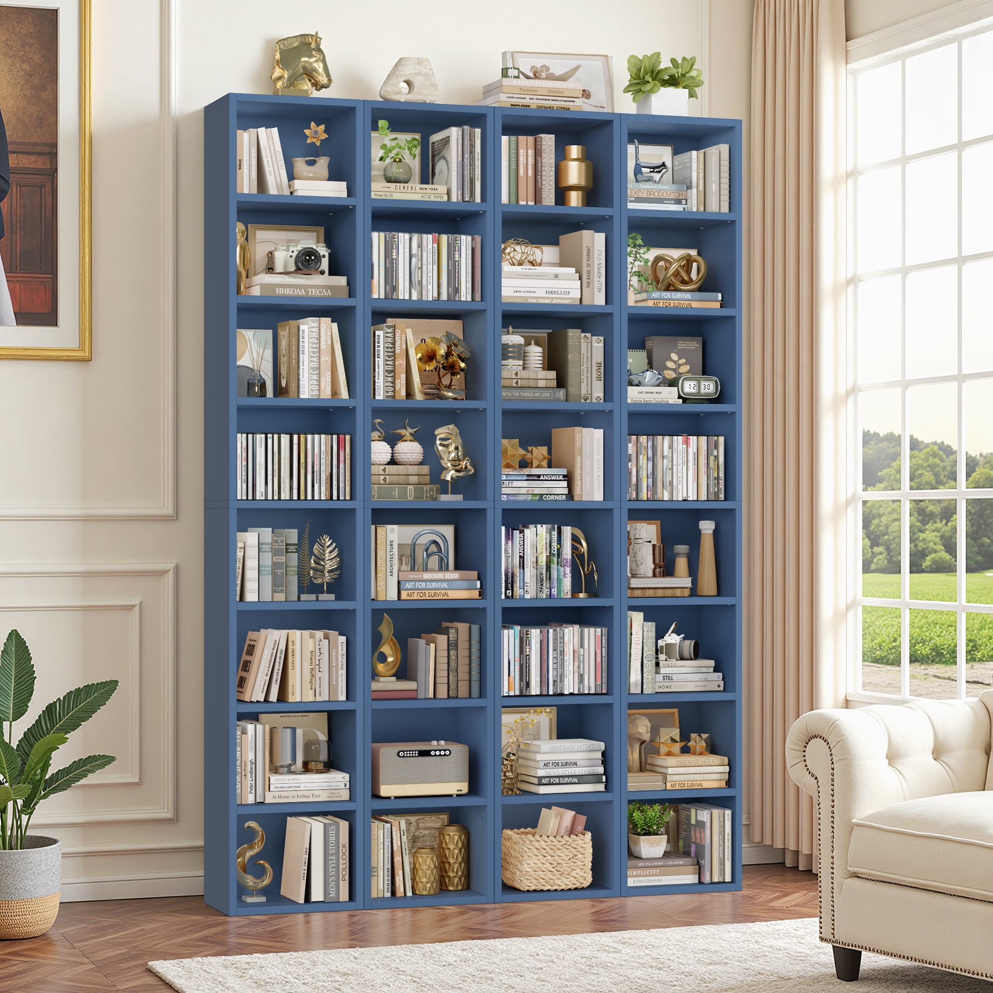 Homfa 8-Tier Media Tower, CD DVD Media Storage Unit with 4 Adjustable and 3 Fixed Shelves for Living Room Bedroom, 2PCS, Blue