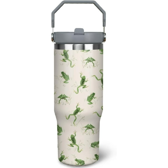 30oz Frog Insulated Tumbler with Handle & Straw - Stainless Steel Vacuum Coffee Cup, Leakproof Lid, Gift for Women Men