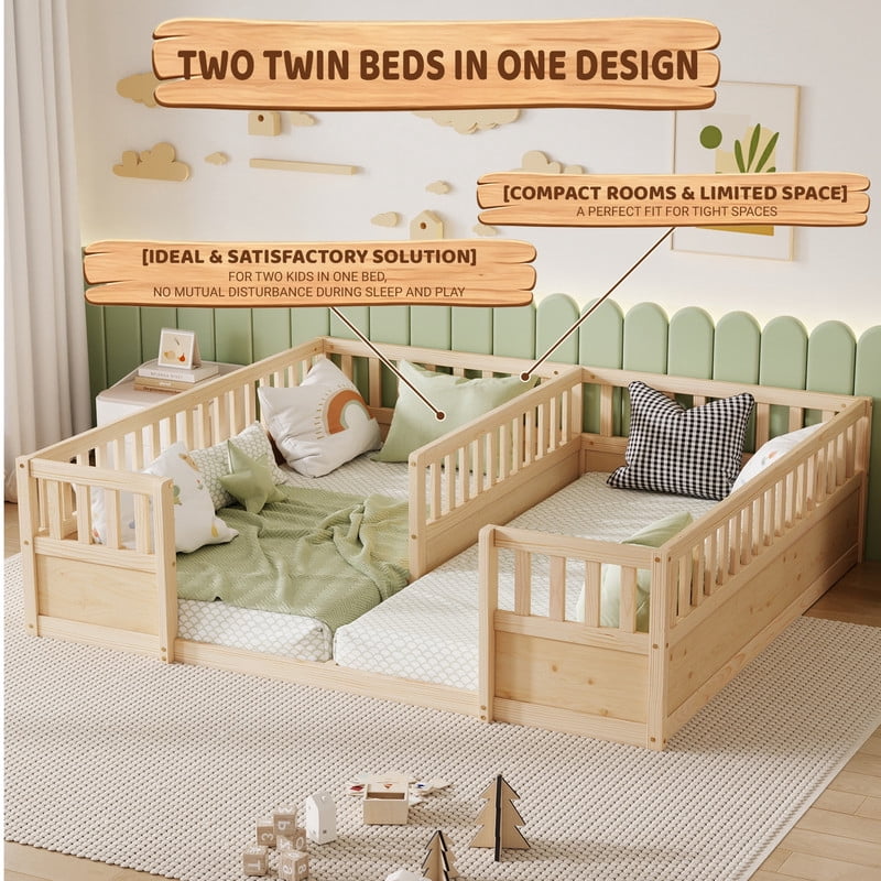 Twin Size Horizontal Floor Bunk Bed Frame with Semi-Enclosed Safety Guardrails, Wood Low Profile Kids Bed with Open Entrance
