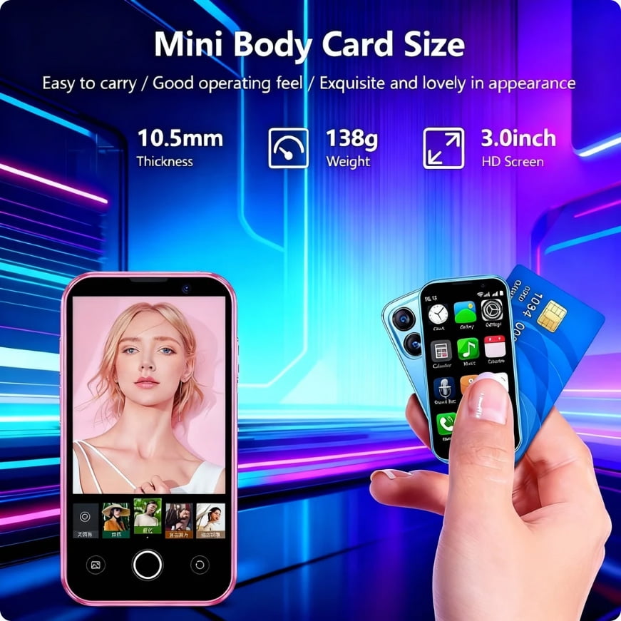 Mini Phone 3.0" HD Touch Screen Mini Smartphone Unlocked Android Compact Mobile Phone for Kids & Students Cell Phone wih Quad-Core Dual SIM Face ID 2GB+16GB