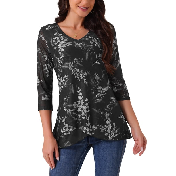 Blusa floral casual de 3/4 de manga para mujer INSPIRE CHIC con dobladillo irregular y cuello en V, camiseta de malla de doble capa