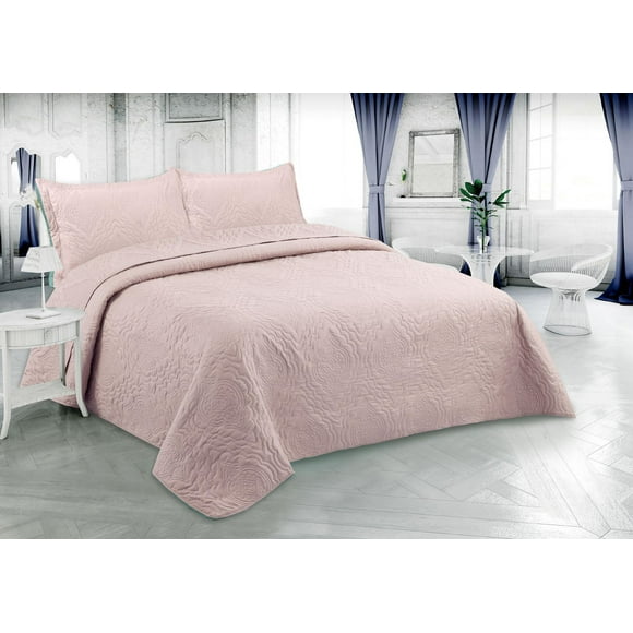 Marina Decoration Solid Embossed Pinsonic Coverlet Bedspread Bedding Ultra Soft Summer Quilt Set with Shams, Pink Color
