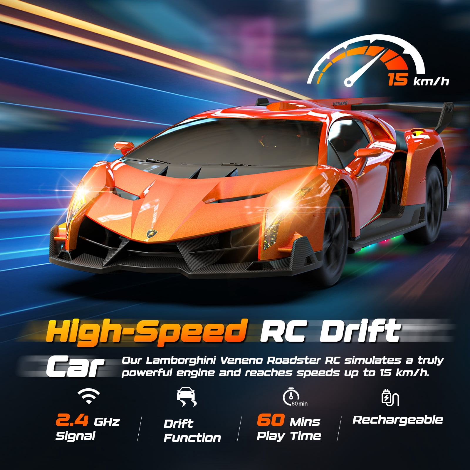 Lamborghini Remote Control Car Toy, Officially Licensed RC Drift Car 15Km/h with Underglow & Headlights, 1:24 Scale 2.4GHz, 2 Batteries 60 Min Play, RC Gift Toy for Boys & Girls Ages 3-12 & Adults