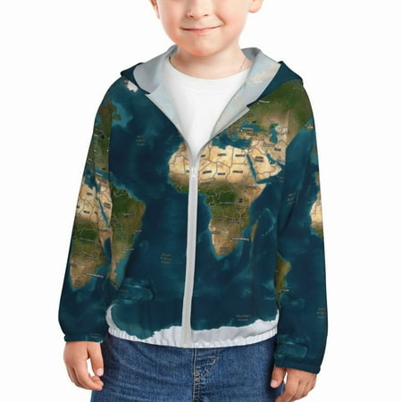 

Goofa World Map Printed Kids Zip-Up Hoodie Girls Boys UPF50+ Sun Protection Jacket Hooded Cooling Shirt-3 Years