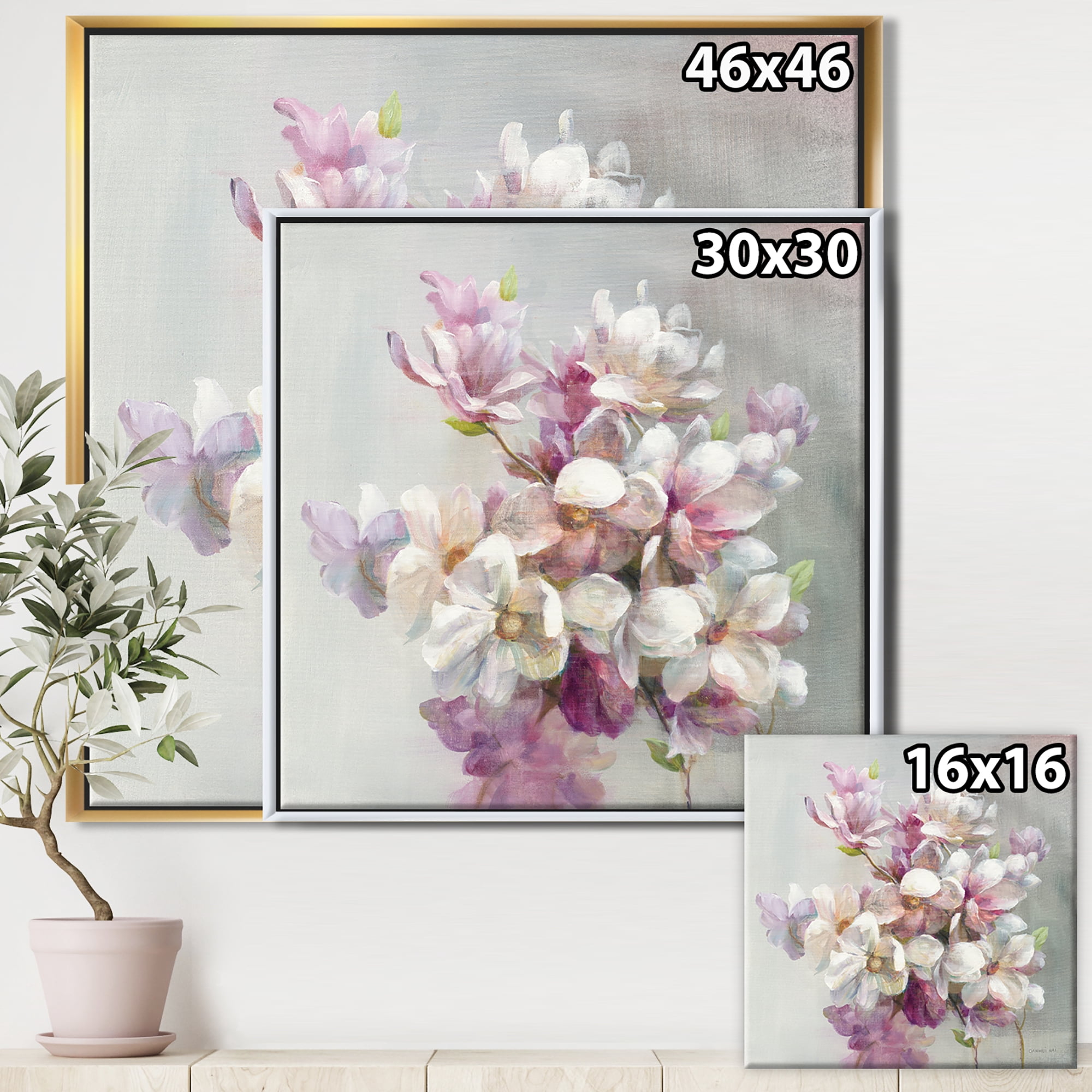 Designart ' Pink Magnolia Flowers ' Shabby Chic Framed Canvas