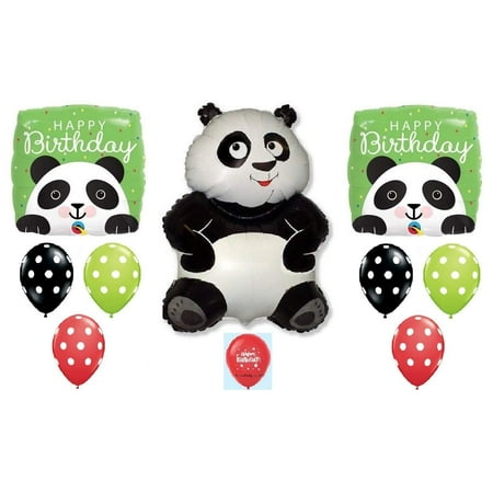 DalvayDelights Panda Bear Pandamonium Black White Dots Jungle Zoo 10 Piece Party Mylar & Latex Balloons Set.