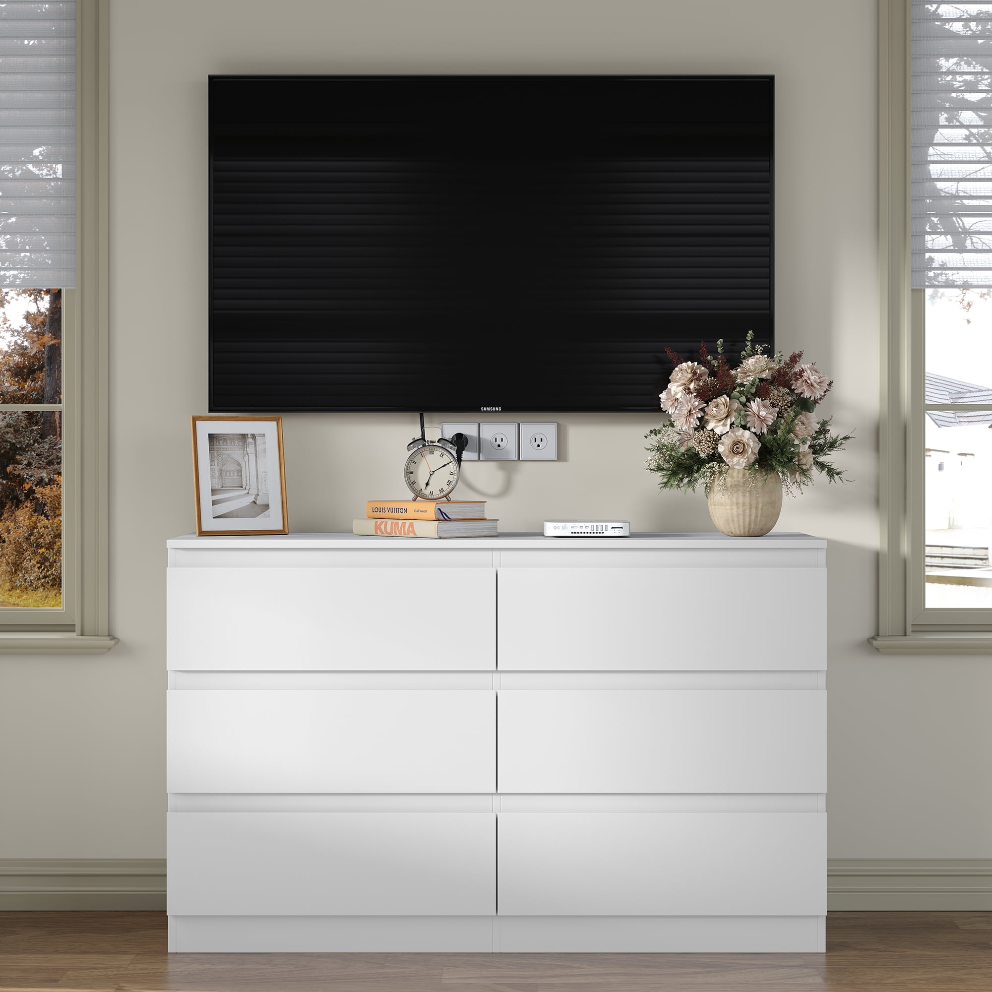 Furnihold 6-Drawer Dresser, 47.3"W Modern Bedroom Dresser, Wood Dresser For Living Room, Bedroom, White