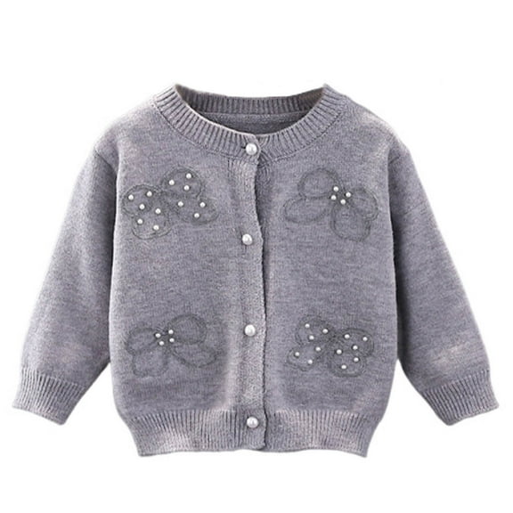 Lorytime Girls Cardigan with Pearls Bow Knitted Sweater Buttons Crewneck Long Sleeve Tops Soild Winter Knitwear