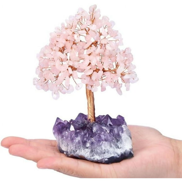 HAHDAXIA Copper Wire Wrapped Crystal Energy Yoga Tree， W/Amethyst Cluster Bases Reiki Chakra Rose Quartz Feng Shui Money Trees，Natural Crystal Bonsai Tree (Color : Rose Quartz)
